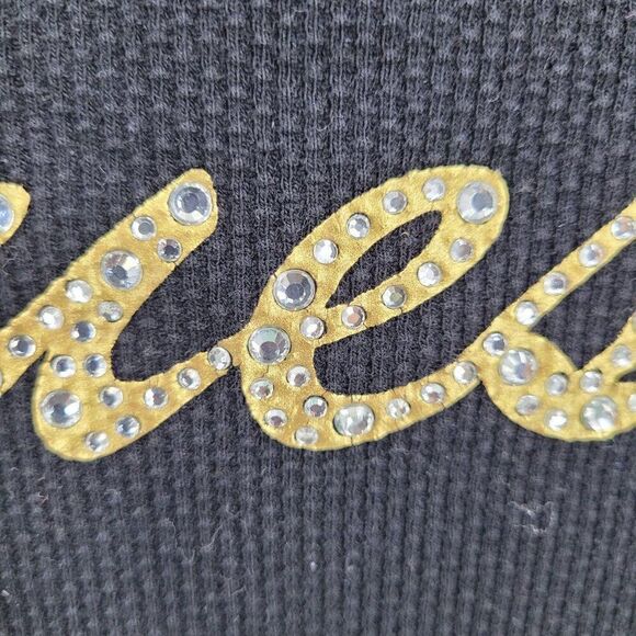 Y2K‎ Guess Black Long-Sleeve Thermal Knit Top Womens Sz M Gold Rhinestone Logo - Picture 7 of 12